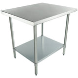 An NSF stainless steel work table featuring a flat top, four cylindrical legs, and an undershelf for extra storage, set against a plain white background.