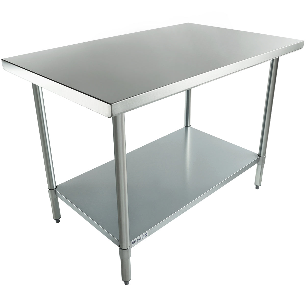 A 48 inch stainless steel work table with four sturdy legs and an open lower shelf. The smooth, reflective tabletop is ideal for kitchen or industrial use, while the lower shelf offers extra storage. The background is plain white.