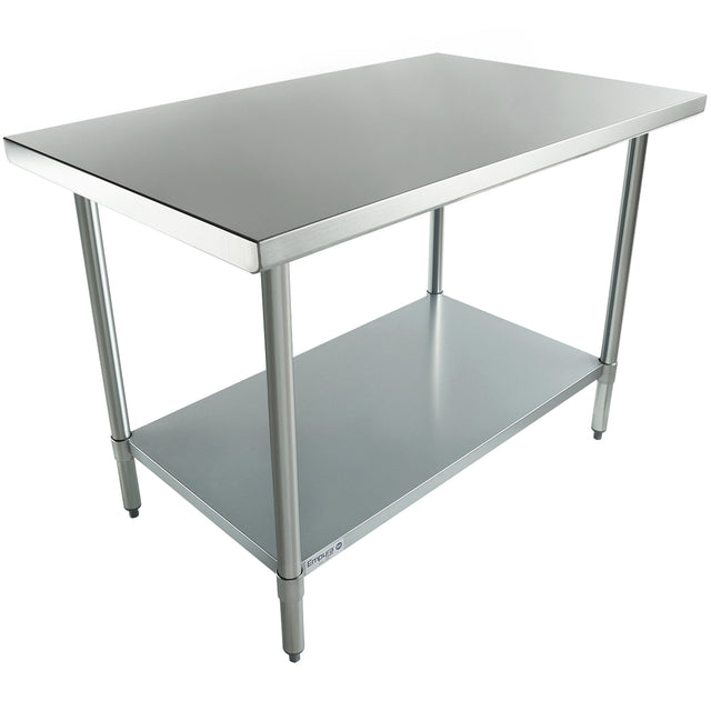 A 48 inch stainless steel work table with four sturdy legs and an open lower shelf. The smooth, reflective tabletop is ideal for kitchen or industrial use, while the lower shelf offers extra storage. The background is plain white.