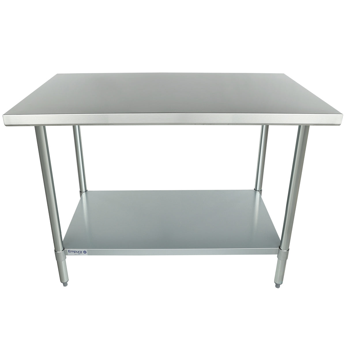A 48 inch stainless steel work table with a flat rectangular top and four sturdy legs. An additional lower shelf offers extra storage. Its clean, industrial look is ideal for kitchens or laboratories.