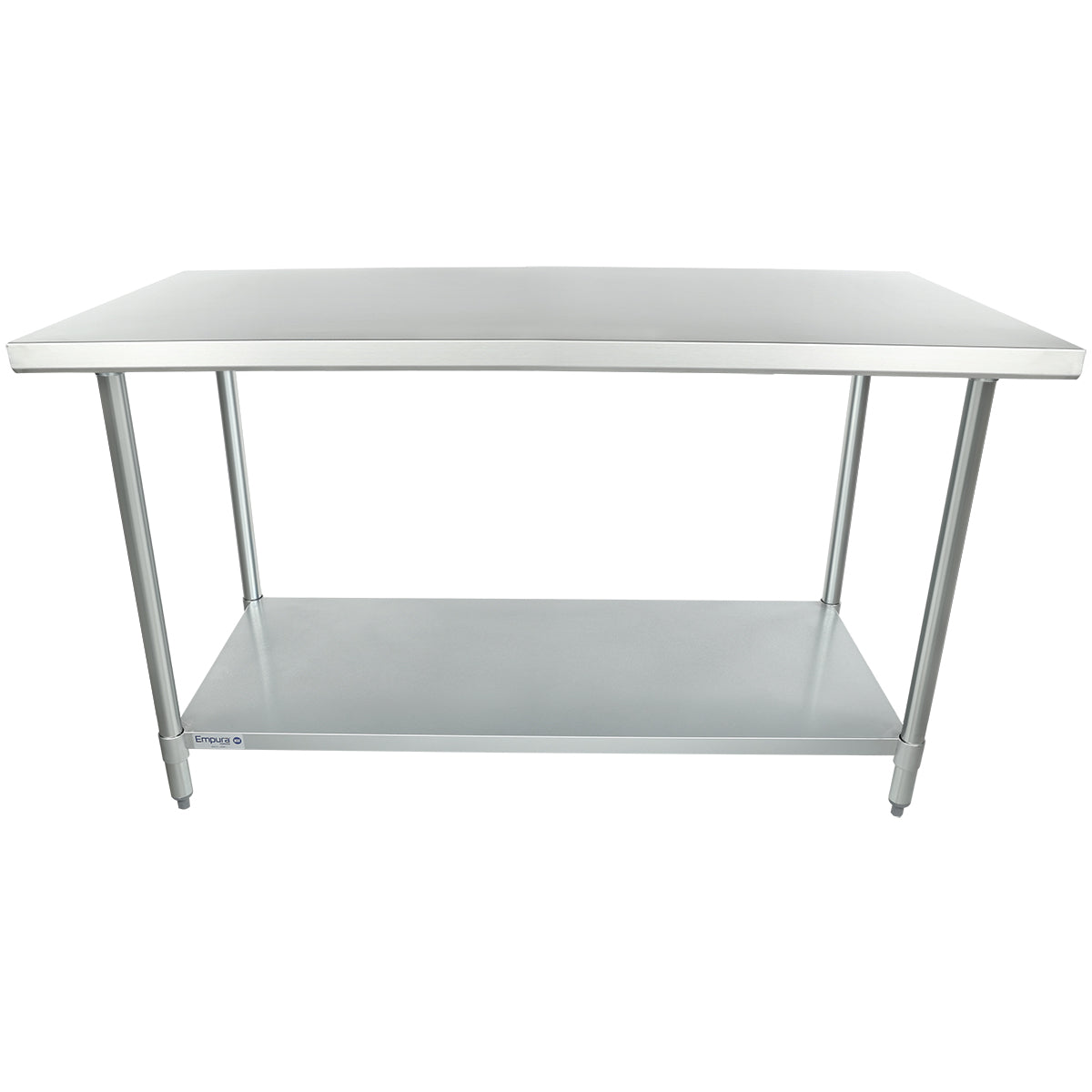 A 60 inch stainless steel work table with a flat top surface and an open lower shelf supported by four cylindrical legs. The clean, industrial design is ideal for kitchens or workshops, while the lower shelf provides additional storage space.