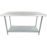 A 60 inch stainless steel work table with a flat top surface and an open lower shelf supported by four cylindrical legs. The clean, industrial design is ideal for kitchens or workshops, while the lower shelf provides additional storage space.
