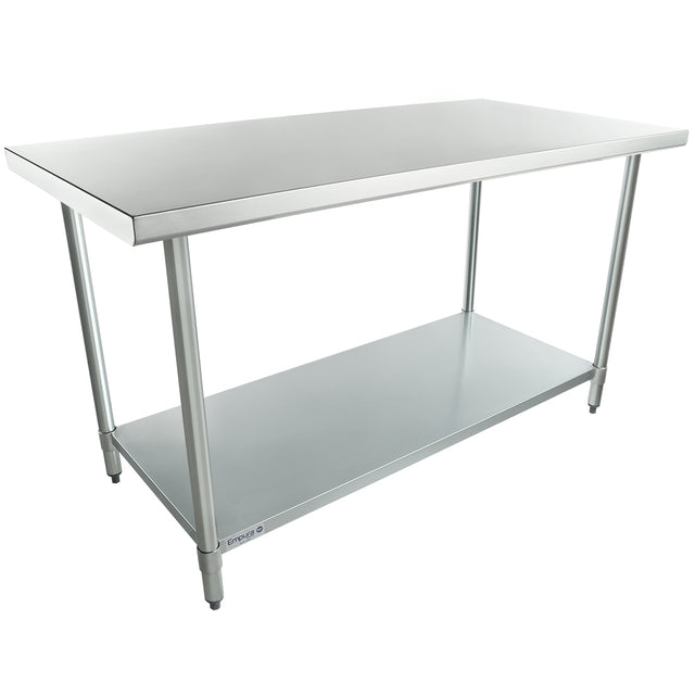 This 60 inch stainless steel work table features a smooth rectangular top, four cylindrical legs, and an open lower shelf for extra storage. Its clean, industrial look is complemented by adjustable feet on each leg.