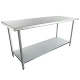 A NSF-certified stainless steel work table featuring a flat top, four sturdy legs, and a lower storage shelf—perfect for kitchens, workshops, or commercial spaces seeking durable, industrial-style workspace.