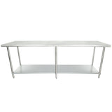 A large NSF stainless steel work table with a flat rectangular top, four sturdy legs, and an open lower shelf for extra storage or workspace—a simple, industrial design ideal for kitchens or workshops.