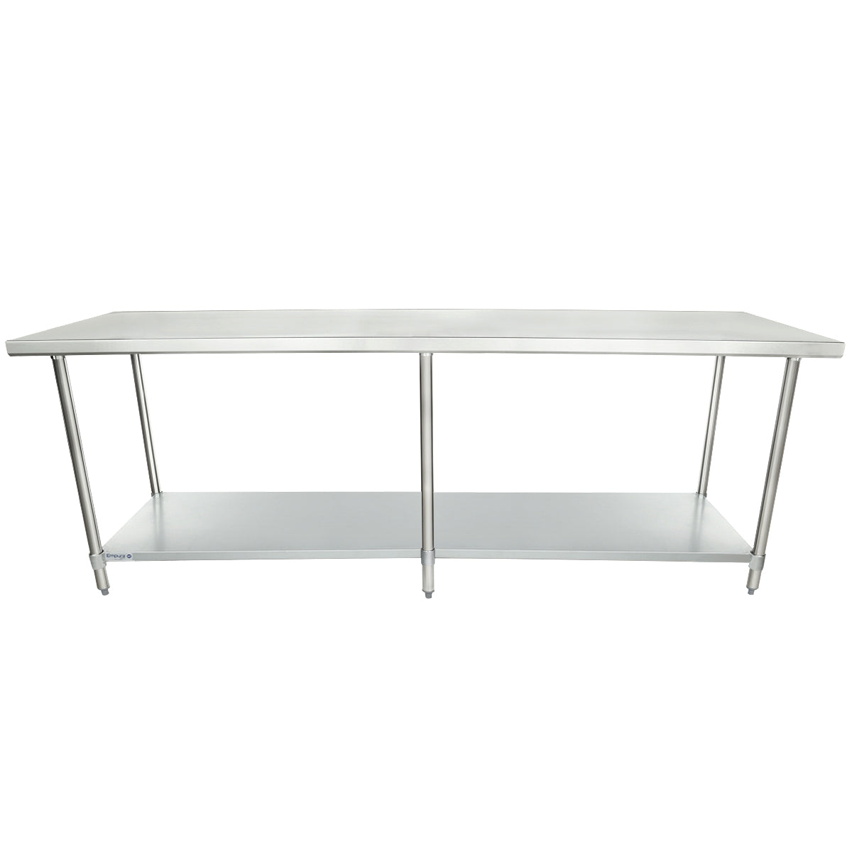 A large NSF stainless steel work table with a smooth rectangular top, four legs, and an undershelf for storage. Its industrial minimalist design suits kitchens, labs, or workshops. The table features adjustable feet for stability.