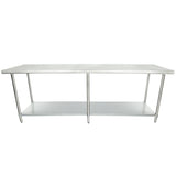 A large NSF stainless steel work table with a smooth rectangular top, four legs, and an undershelf for storage. Its industrial minimalist design suits kitchens, labs, or workshops. The table features adjustable feet for stability.
