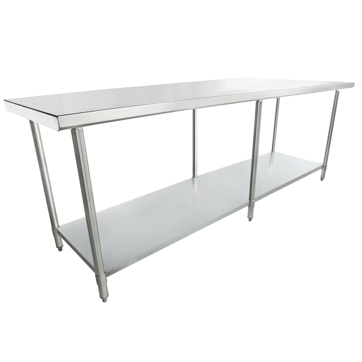 A long NSF stainless steel work table with a smooth top and a lower shelf for storage, supported by four legs. The design is simple and industrial, ideal for kitchens or workspaces. The background is plain white.
