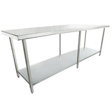 A long NSF stainless steel work table with a smooth top and a lower shelf for storage, supported by four legs. The design is simple and industrial, ideal for kitchens or workspaces. The background is plain white.