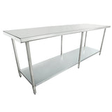 A long, NSF-certified stainless steel work table with a flat top and open lower shelf, supported by four sturdy legs. Its industrial, minimalist design suits kitchens or workshops, and the smooth finish adds a sleek, reflective touch.