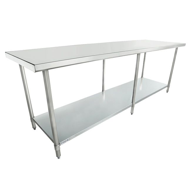 A long, NSF-certified stainless steel work table with a flat top and open lower shelf, supported by four sturdy legs. Its industrial, minimalist design suits kitchens or workshops, and the smooth finish adds a sleek, reflective touch.