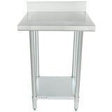 A stainless steel work table with NSF certification features a backsplash, four cylindrical legs, and a lower shelf for extra storage. The smooth, shiny surface and Empura brand name on the shelf stand out in this clean, industrial setting.