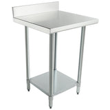 This NSF stainless steel work table features a backsplash, four cylindrical legs, a lower shelf, and adjustable feet. Its smooth, reflective surface is ideal for commercial kitchens or industrial settings.