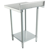 A stainless steel NSF work table with four round legs, an undershelf, and a raised edge on three sides. Featuring adjustable feet and a sleek, industrial look, its ideal for kitchens or food service settings.