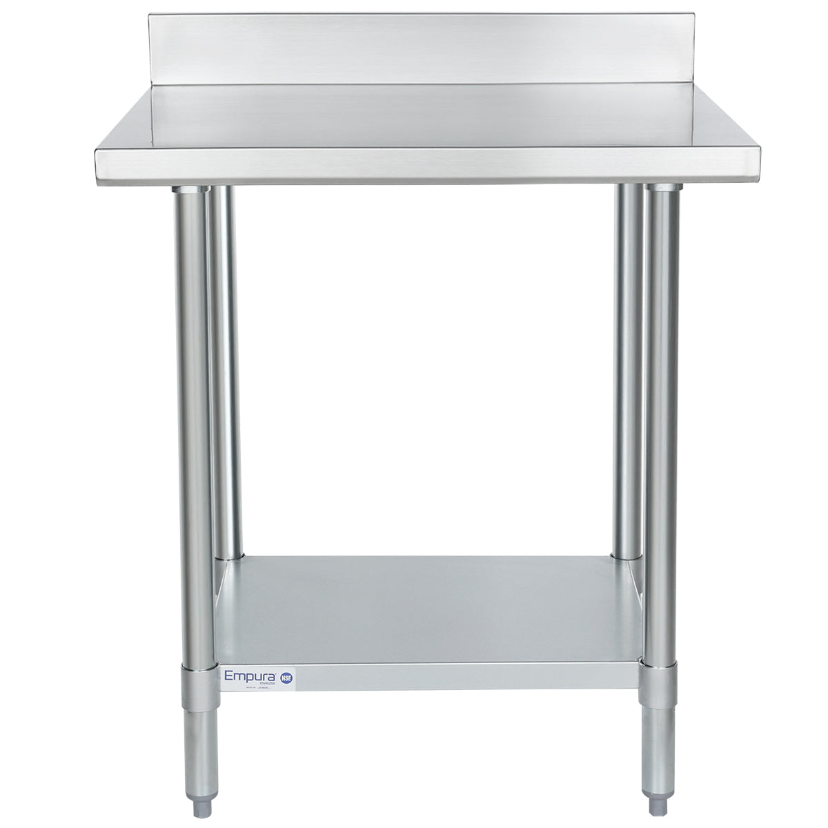 A sturdy NSF stainless steel work table with four cylindrical legs, a lower shelf, and a raised backsplash. Made of durable 304 stainless steel, the Empura brand is displayed on the front lower shelf. The design is simple and industrial.