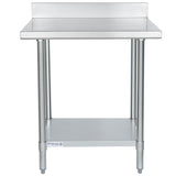 A sturdy NSF stainless steel work table with four cylindrical legs, a lower shelf, and a raised backsplash. Made of durable 304 stainless steel, the Empura brand is displayed on the front lower shelf. The design is simple and industrial.