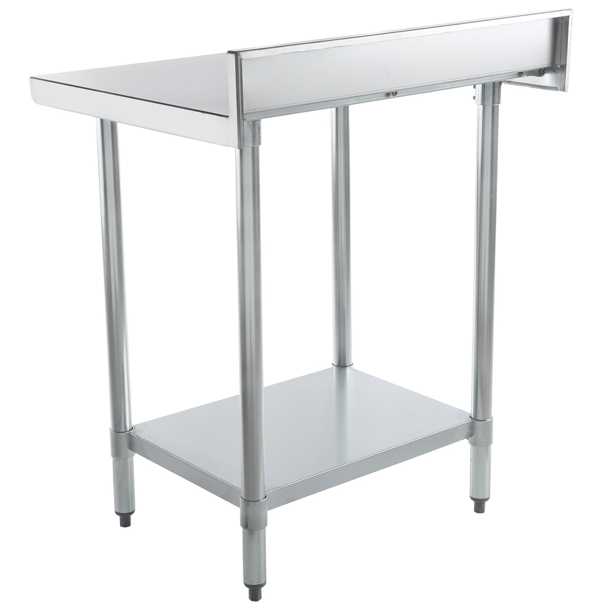 A 304 stainless steel work table with four cylindrical legs, a flat work surface, rear backsplash, and lower shelf for storage. NSF certified, it features adjustable feet and a clean, industrial design ideal for kitchens or workspaces.
