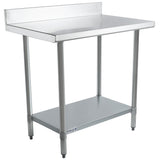 This NSF stainless steel work table features a raised backsplash, four cylindrical legs, and an undershelf. Its smooth top surface and adjustable feet ensure stability, making it ideal for kitchens or industrial settings.