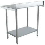 This NSF stainless steel work table features four cylindrical legs, a tall backsplash, and a lower shelf for extra storage. Its adjustable feet and simple, industrial design make it perfect for any commercial kitchen.