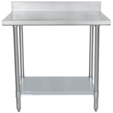A stainless steel work table with NSF certification features a backsplash, four cylindrical legs, and a lower shelf for extra storage. Its minimalist, industrial design is highlighted by the “Empura” label on the front support bar.