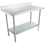 A 48 inch stainless steel work table with a raised backsplash, four sturdy legs, and a smooth metallic lower shelf for storage, designed for commercial kitchens or food prep areas. The surface and shelf are sleek and easy to clean.