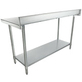 A 60 inch stainless steel work table with a backsplash, four round legs, and an undershelf. Its smooth, flat top and open design make it ideal for commercial kitchens, offering sturdy, industrial-grade food prep and storage space.