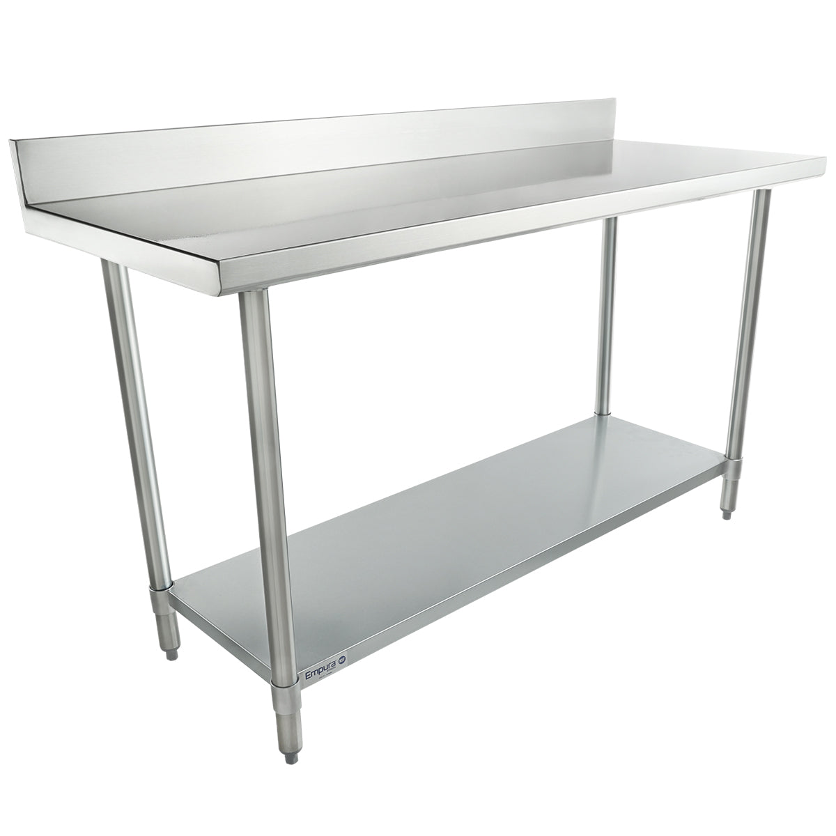 A 60 inch stainless steel work table featuring four legs, an undershelf for storage, and a raised backsplash. Its smooth surface and industrial design make it ideal for kitchens or commercial use.