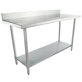 A 60 inch stainless steel work table featuring four legs, an undershelf for storage, and a raised backsplash. Its smooth surface and industrial design make it ideal for kitchens or commercial use.