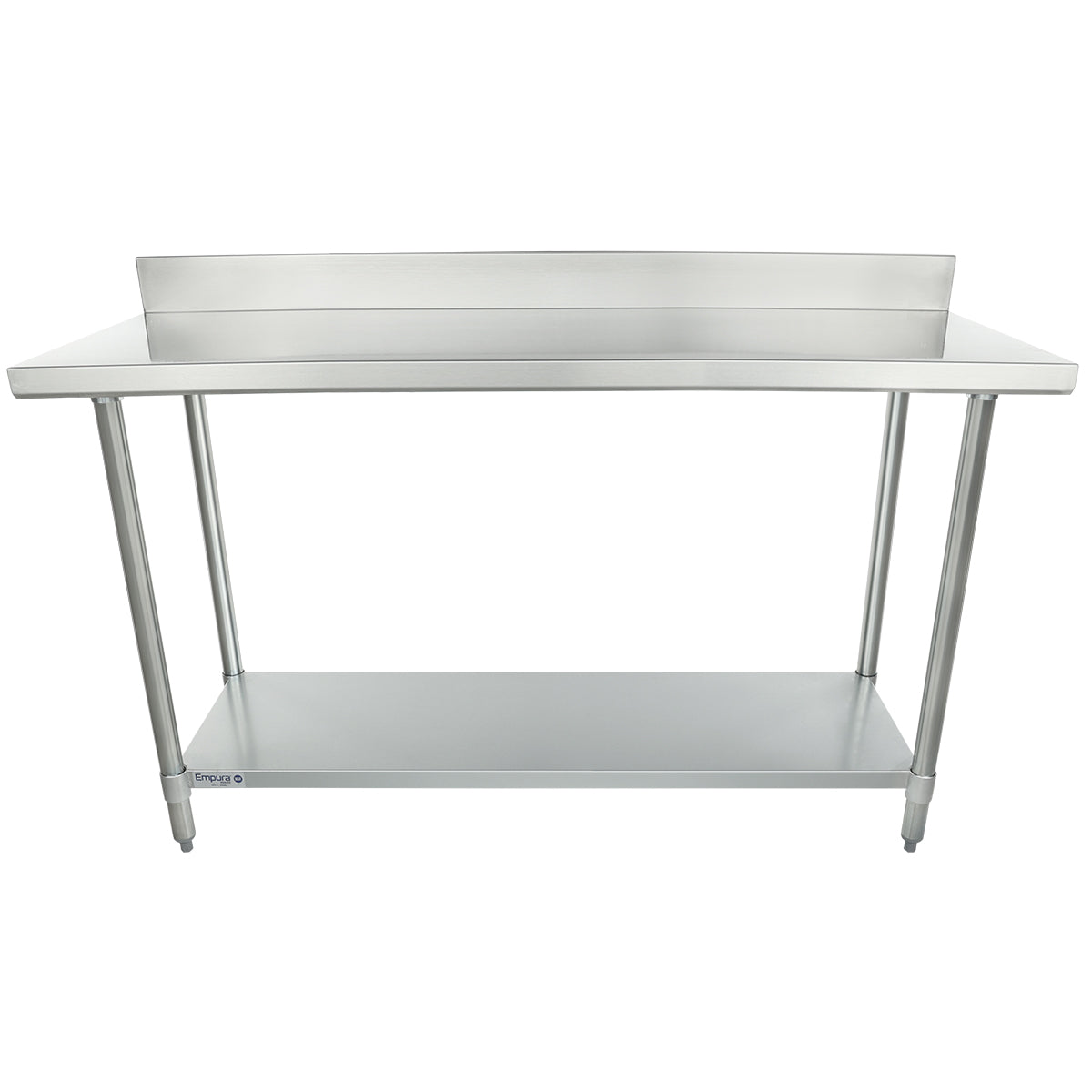 This 60 inch stainless steel work table features a backsplash, four sturdy legs, and an undershelf for added storage. Its smooth, flat surface is ideal for food prep or industrial tasks, offering a minimalist and utilitarian design.