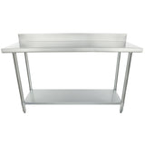 This 60 inch stainless steel work table features a backsplash, four sturdy legs, and an undershelf for added storage. Its smooth, flat surface is ideal for food prep or industrial tasks, offering a minimalist and utilitarian design.