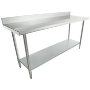 A 72 inch stainless steel work table with four legs, a flat top surface, a raised backsplash along the rear edge, and a lower shelf for added storage. Its simple, industrial design is ideal for kitchens or workspaces.