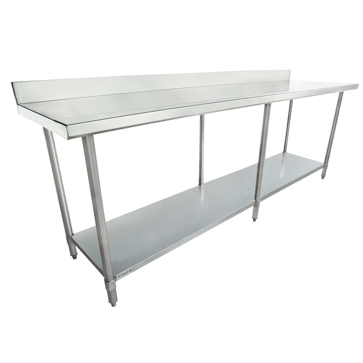 This 96 inch stainless steel work table features a smooth, shiny surface with a backsplash, four adjustable legs, and a lower shelf—ideal for kitchens or industrial spaces needing durability and stability on uneven floors.