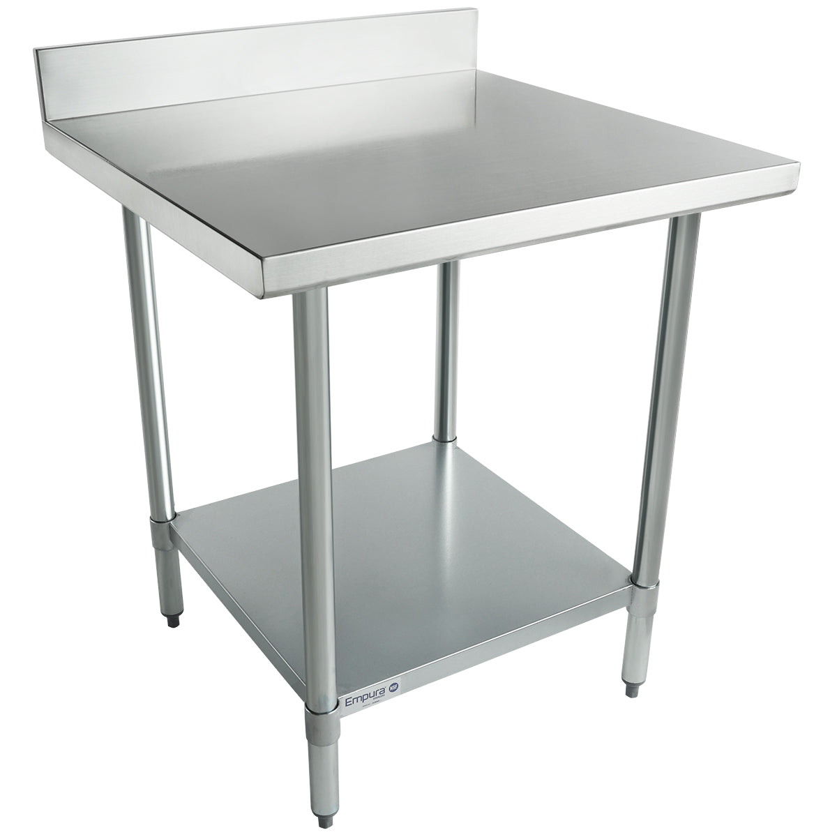 A stainless steel NSF work table with a flat top, raised backsplash, sturdy cylindrical legs, and a lower storage shelf. It features adjustable feet and a clean, industrial design—perfect for kitchens or workspaces.