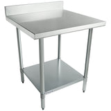 A stainless steel NSF work table with a flat top, raised backsplash, sturdy cylindrical legs, and a lower storage shelf. It features adjustable feet and a clean, industrial design—perfect for kitchens or workspaces.