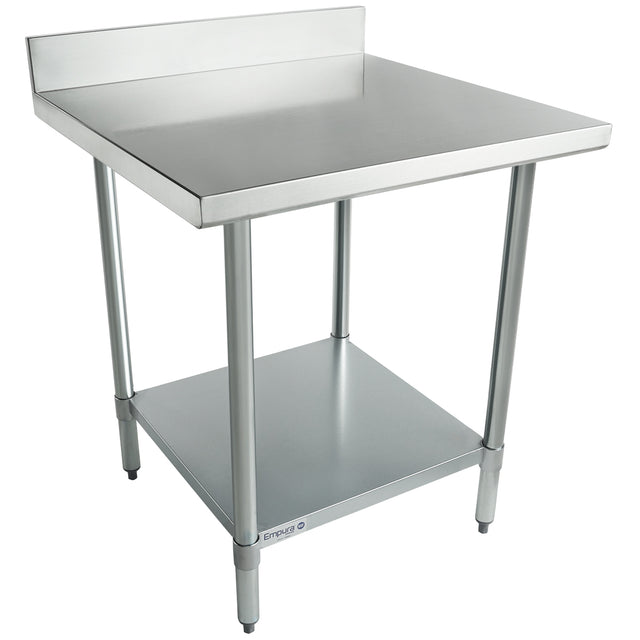 A stainless steel NSF work table with a flat top, raised backsplash, sturdy cylindrical legs, and a lower storage shelf. It features adjustable feet and a clean, industrial design—perfect for kitchens or workspaces.