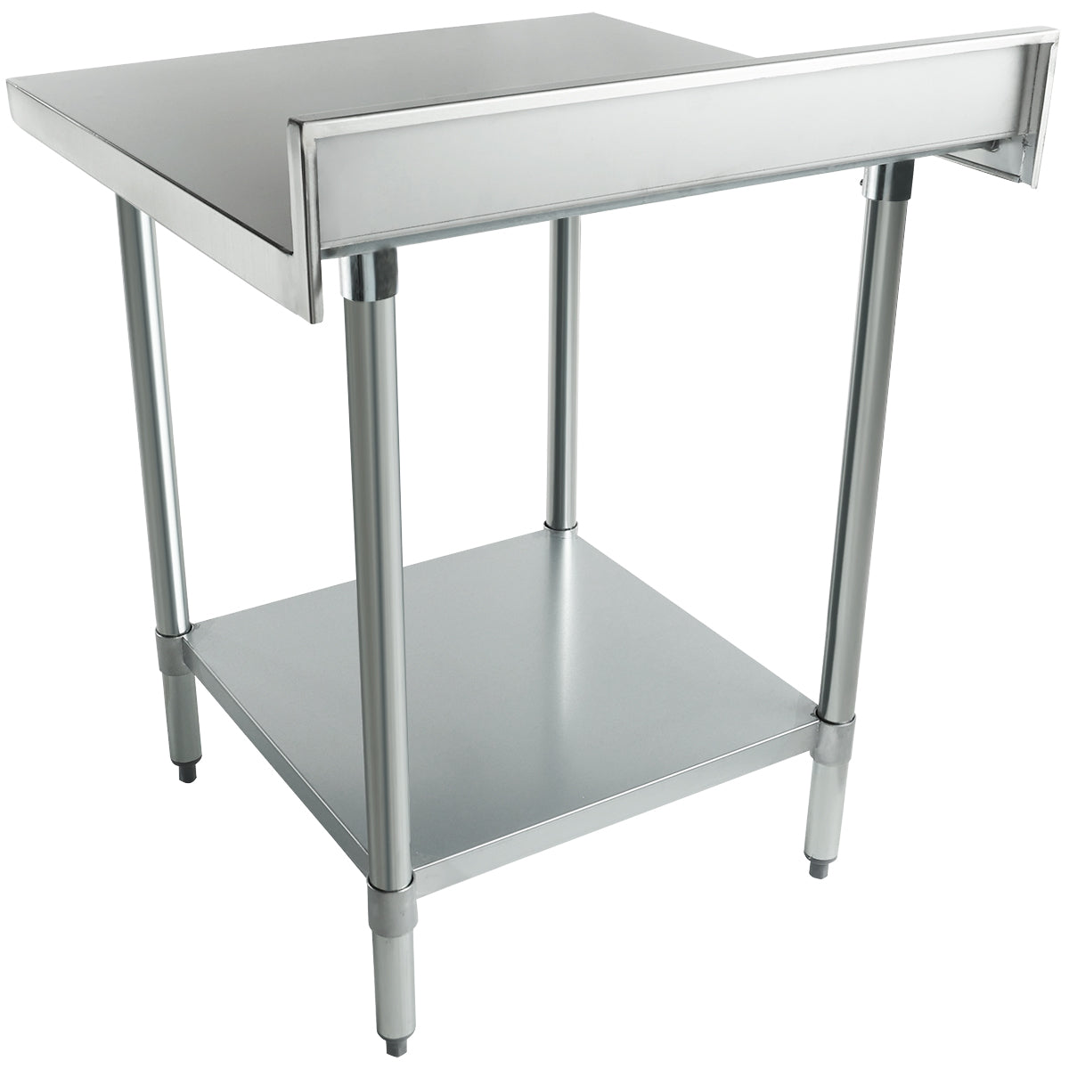 A stainless steel NSF work table with four cylindrical legs, a flat top surface, a raised edge on three sides, and a lower shelf for extra storage. This clean, industrial-looking table is elevated on adjustable feet for stability.