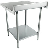 A stainless steel NSF work table with four cylindrical legs, a flat top surface, a raised edge on three sides, and a lower shelf for extra storage. This clean, industrial-looking table is elevated on adjustable feet for stability.