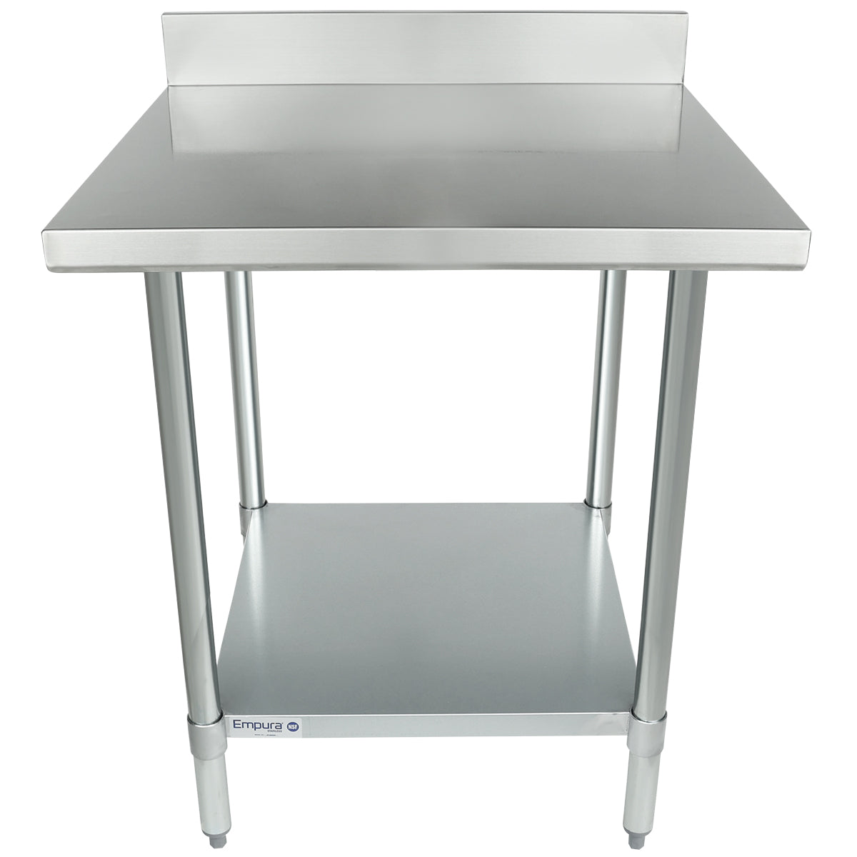 A stainless steel work table with a smooth top and raised backsplash, supported by four cylindrical legs. NSF certified, it features an undershelf for storage and offers a clean, industrial style ideal for kitchens or commercial spaces.