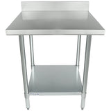 A stainless steel work table with a smooth top and raised backsplash, supported by four cylindrical legs. NSF certified, it features an undershelf for storage and offers a clean, industrial style ideal for kitchens or commercial spaces.