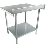 This 36 inch stainless steel work table features a flat top with an upturned rear edge, four cylindrical legs, and a sturdy lower shelf for extra storage—an industrial, functional choice often seen in commercial kitchens.