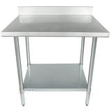 A 36 inch stainless steel work table featuring a raised backsplash, four sturdy legs, and a lower shelf for storage. Its smooth, flat top and industrial design make it perfect for food prep or utility tasks.