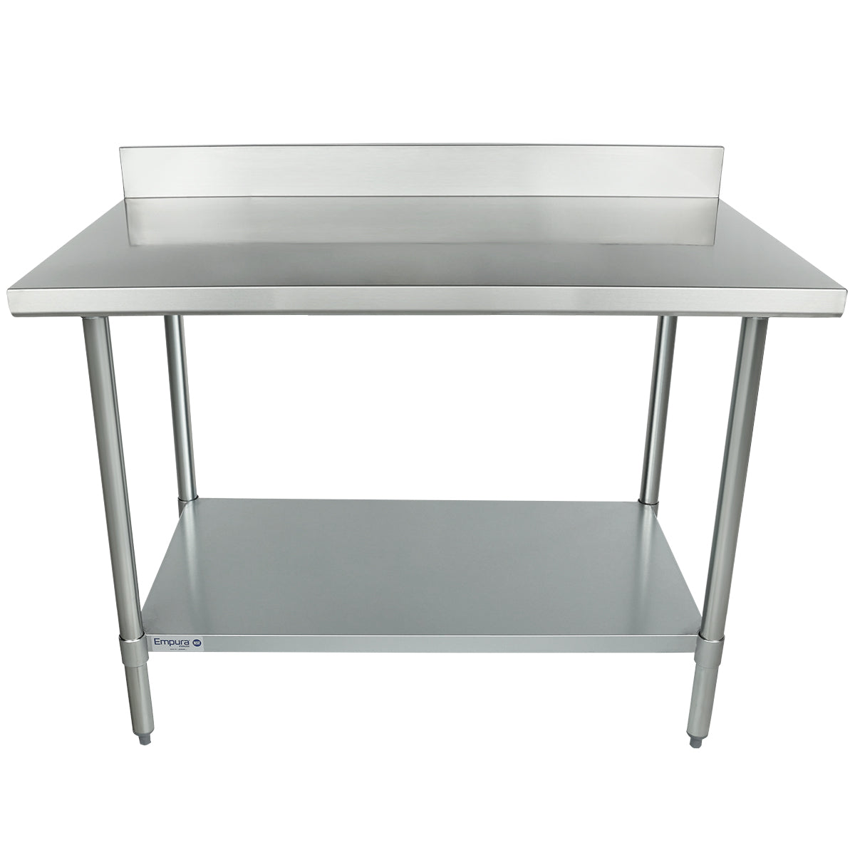 This 48 inch stainless steel work table features a raised backsplash, four sturdy legs, and a lower shelf for extra storage. Its sleek, functional design makes it perfect for both commercial and home kitchens.