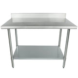 This 48 inch stainless steel work table features a raised backsplash, four sturdy legs, and a lower shelf for extra storage. Its sleek, functional design makes it perfect for both commercial and home kitchens.