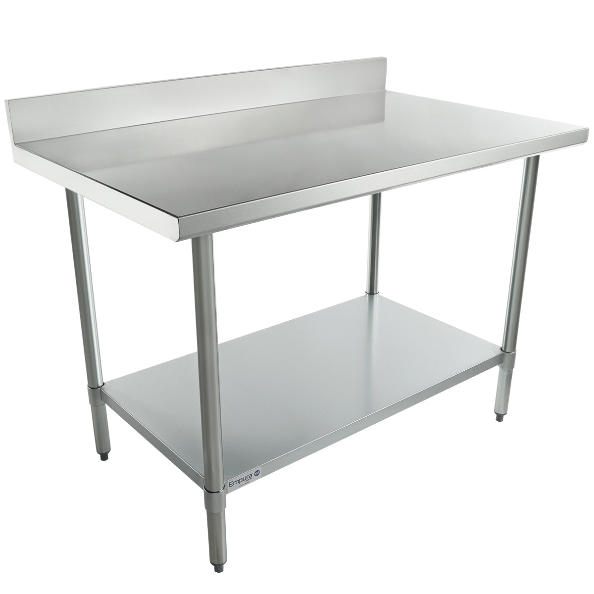 A 48 inch stainless steel work table with a flat top, raised back edge, four legs, and an undershelf for extra storage. Its industrial design suits kitchens or laboratories. Both the surface and shelf are clean and unoccupied.