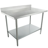 A 48 inch stainless steel work table with a flat top, raised back edge, four legs, and an undershelf for extra storage. Its industrial design suits kitchens or laboratories. Both the surface and shelf are clean and unoccupied.