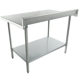 A 48 inch stainless steel work table with a raised back edge, four legs, and an under-shelf for extra storage. Its smooth metal surface is perfect for kitchens or workshops, featuring an open design below the main worktop.