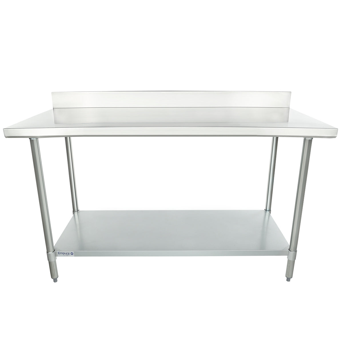 A 60 inch stainless steel work table with a raised backsplash, four sturdy legs, and a lower storage shelf. Its smooth, flat surface and industrial design make it ideal for kitchens, restaurants, or workspaces.