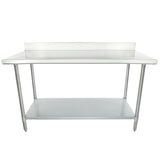 A 60 inch stainless steel work table with a raised backsplash, four sturdy legs, and a lower storage shelf. Its smooth, flat surface and industrial design make it ideal for kitchens, restaurants, or workspaces.