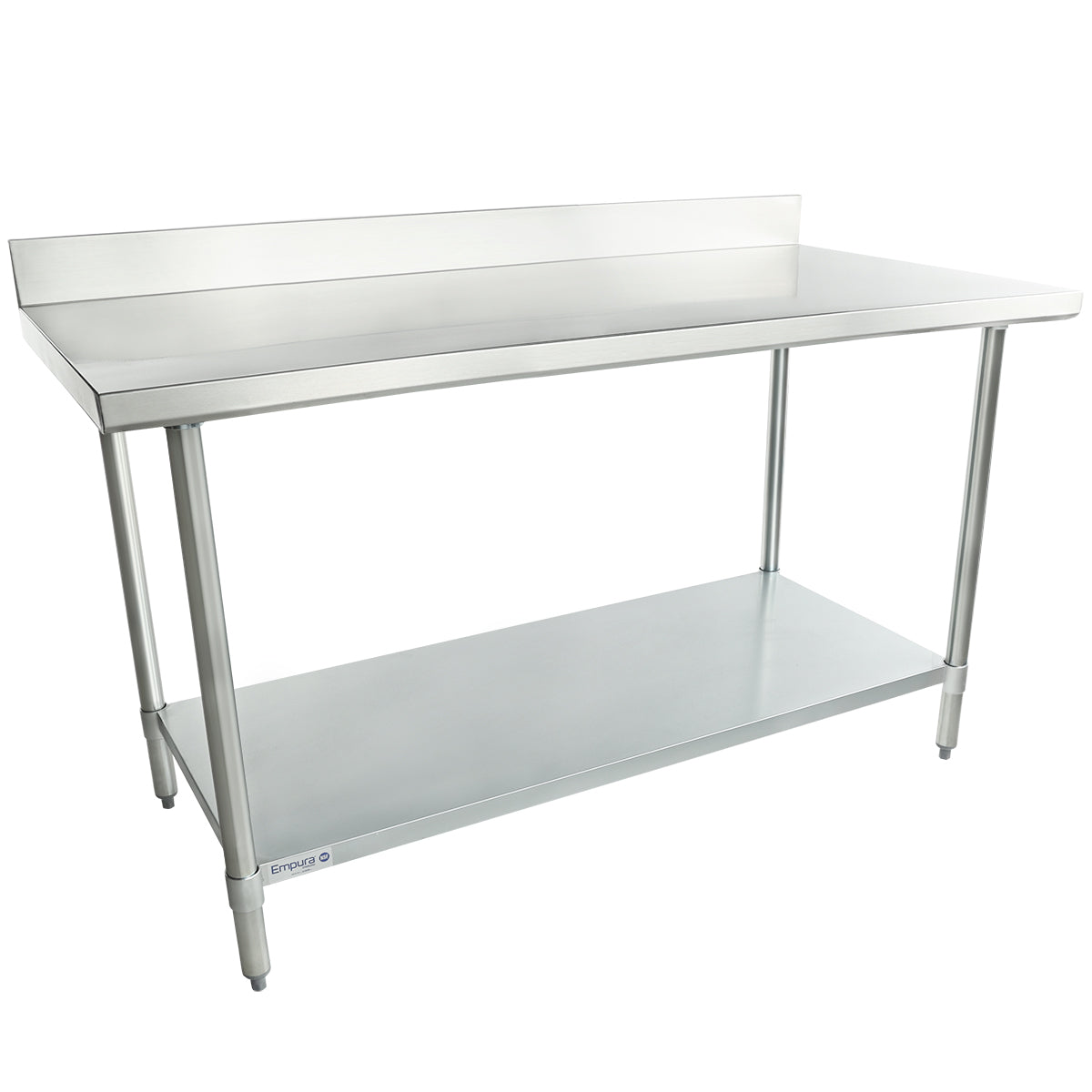 A 60 inch stainless steel work table with a backsplash, four sturdy legs, and an undershelf for storage. The smooth surface and industrial design make it ideal for kitchens or food prep areas.
