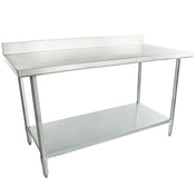 A 60 inch stainless steel work table with a backsplash, four sturdy legs, and an undershelf for storage. The smooth surface and industrial design make it ideal for kitchens or food prep areas.